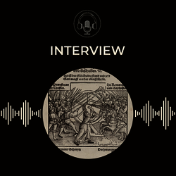 16th century woodcut, printed Nuremberg, 1525, showing the peasant army on foot, with spears and polearms, on the left of image, facing opposite them mounted and armoured knights. Between the two groups, a male figure turn the wheel of fortune. On a square black background, with the GHIL podcast logo of a microphone and headphones in a circle.