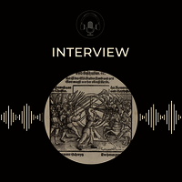 16th century woodcut, printed Nuremberg, 1525, showing the peasant army on foot, with spears and polearms, on the left of image, facing opposite them mounted and armoured knights. Between the two groups, a male figure turn the wheel of fortune. On a square black background, with the GHIL podcast logo of a microphone and headphones in a circle.