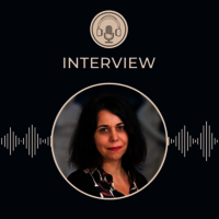Portrait photograph of Stefanie Middendorf, on a black background, with the GHIL podcast symbol of a microphone and headphones in a circle.