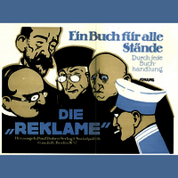 historical promotional cover for the early 20th-century German publication Die Reklame: ihre Kunst und Wissenschaft (published by Paul Ruben, Berlin W57) featuring caricatures by graphic artist Karl Schulpig.