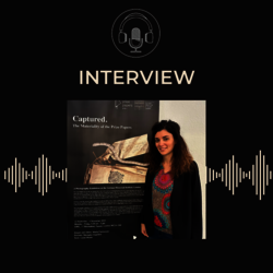 Maria Cardamone in front of a poster relating to the Prize Papers project at the National Archives, on a black background, with the GHIL podcast symbol of a microphone and headphones in a circle.