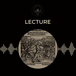16th century woodcut, printed Nuremberg, 1525, showing the peasant army on foot, with spears and polearms, on the left of image, facing opposite them mounted and armoured knights. Between the two groups, a male figure turn the wheel of fortune. On a square black background, with the GHIL podcast logo of a microphone and headphones in a circle.
