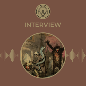 Gaenger interview image Thomas Rowlandson caricature, in which fever (a hairy monster) and ague (a snake-like creature) attack a man huddled in front of a fireplace. On a pale brown background, with the GHIL podcast logo of microphone and headphones in a circle.