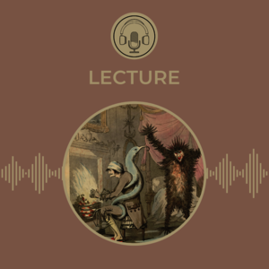 Gaenger lecture image Thomas Rowlandson caricature, in which fever (a hairy monster) and ague (a snake-like creature) attack a man huddled in front of a fireplace. On a pale brown background, with the GHIL podcast logo of microphone and headphones in a circle.