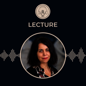 Portrait photograph of Stefanie Middendorf, on a black background, with the GHIL podcast symbol of a microphone and headphones in a circle.