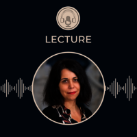Portrait photograph of Stefanie Middendorf, on a black background, with the GHIL podcast symbol of a microphone and headphones in a circle.
