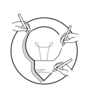 Teamwork: Line drawing of three hands drawing a lightbulb in the centre of a circle.