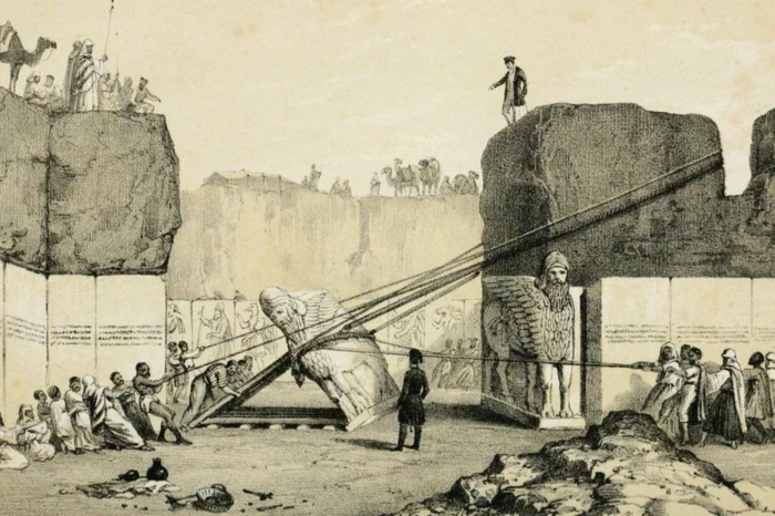 Engraving of Austen Henry Layard's excavations at Nineveh, showing the removal of a pair of lamassu (winged, human headed bulls).