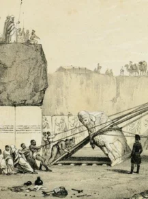 Engraving of Austen Henry Layard's excavations at Nineveh, showing the removal of a pair of lamassu (winged, human headed bulls).