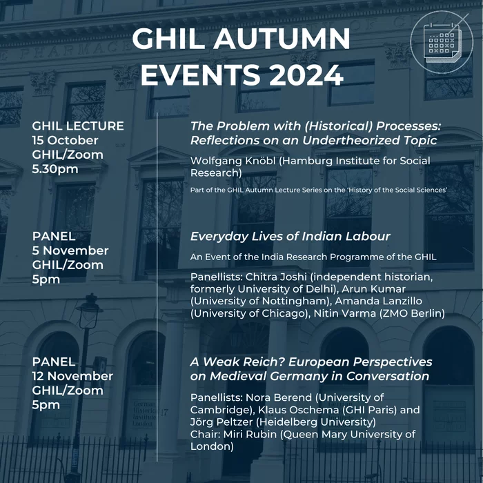 The frontage of the GHIL, overlayed with deep blue, with text in white giving the details of a lecture and two panels for Autumn 2024.
