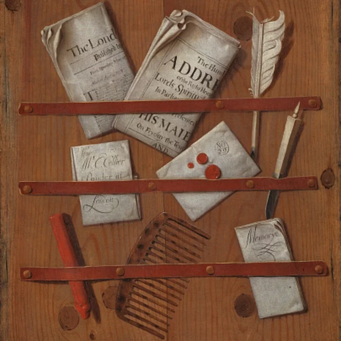 A trompe l'oeil painting of newspapers, letters, writing implements (a quill, knife and sealing wax) and a comb, attached to a wooden board with tacked down strips of red leather.