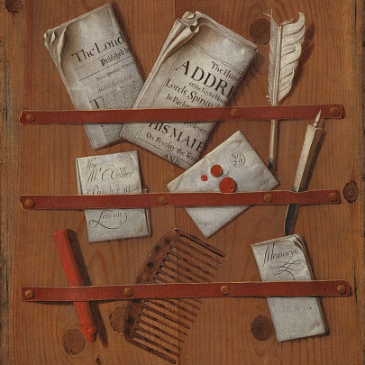 A trompe l'oeil painting of newspapers, letters, writing implements (a quill, knife and sealing wax) and a comb, attached to a wooden board with tacked down strips of red leather