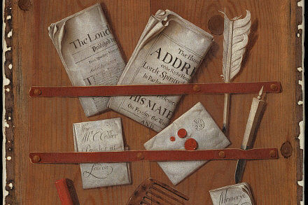 A trompe l'oeil painting of newspapers, letters, writing implements (a quill, knife and sealing wax) and a comb, attached to a wooden board with tacked down strips of red leather