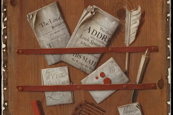 A trompe l'oeil painting of newspapers, letters, writing implements (a quill, knife and sealing wax) and a comb, attached to a wooden board with tacked down strips of red leather.