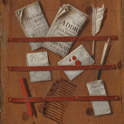 A trompe l'oeil painting of newspapers, letters, writing implements (a quill, knife and sealing wax) and a comb, attached to a wooden board with tacked down strips of red leather