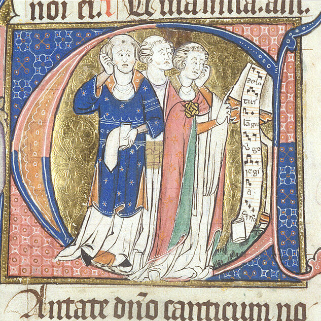 Manuscript initial of the letter C. Within the letter can be seen three clerics with tonsures, singing the motet Zelo tui langueo from a scroll of music at a lectern. The chief colours of the illumination are red and blue, with gold and green also featuring in the robes and the background.