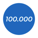 A white number 100,000, set on a blue disc.