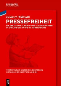 Book cover for Eckhart Hellmuth "Pressefreiheit". Drawing or print of a side view of an older man reading a newspaper, which he is holding in his right hand. He is wearing a hat and glasses, and has his left hand thrown up in the air in a gesture suggesting heightened emotion. The whole cover overlayed with red. Text in white.