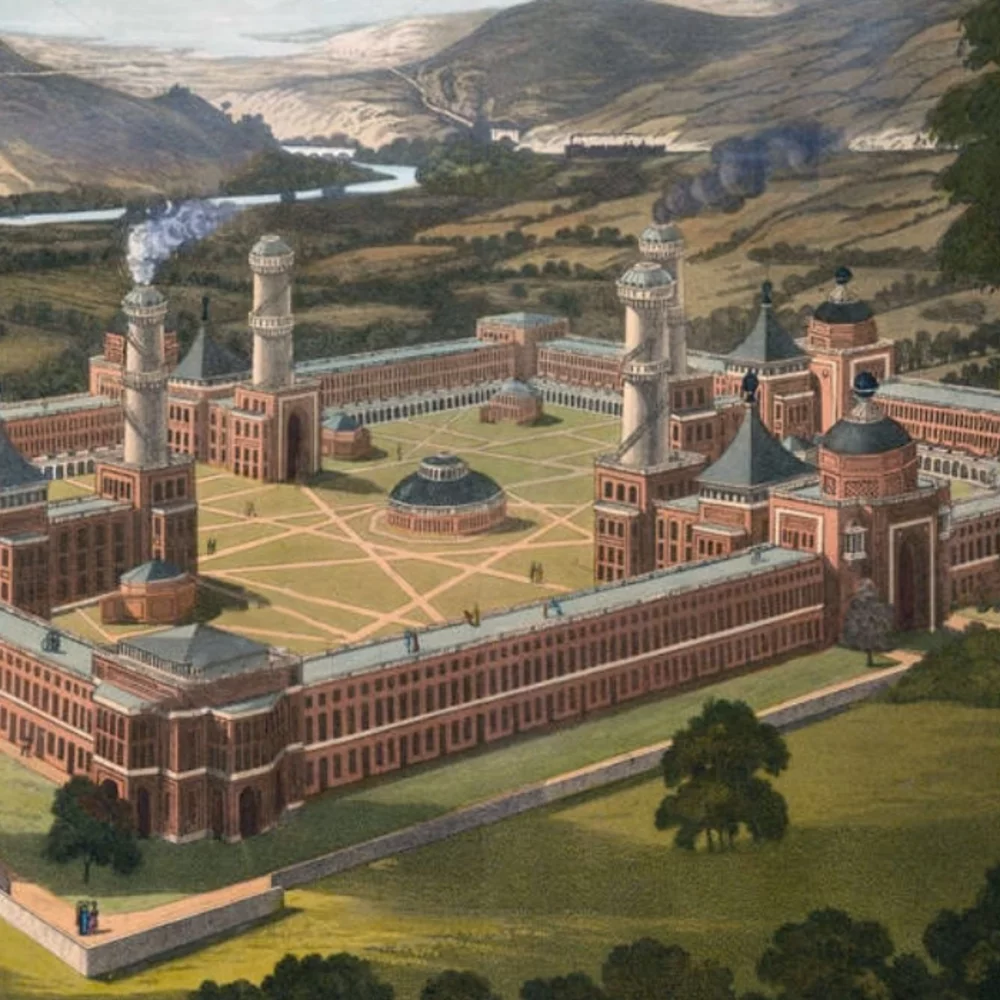 A bird's eye view of a community in New Harmony, Indiana, United States, as proposed by Robert Owen.