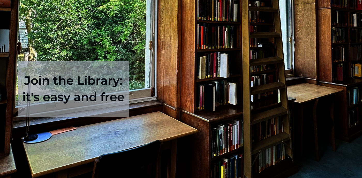 Join the Library banner desktop A view of the main first floor room of the GHIL library, showing some bookcases and a window overlooking the park in Bloomsbury Square. Superimposed over a small part of the image is a grey box with the text "Join the Library: it's easy and free".