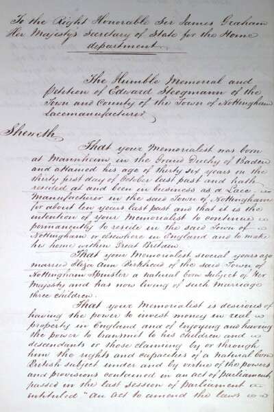 19th-century manuscript. First Memorial for Naturalization under the provisions of the Aliens Act of 1844, 25 November 1844, TNA HO 1/17/1