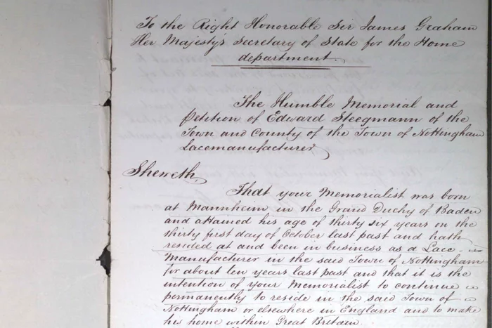 19th-century manuscript. First Memorial for Naturalization under the provisions of the Aliens Act of 1844, 25 November 1844, TNA HO 1/17/1