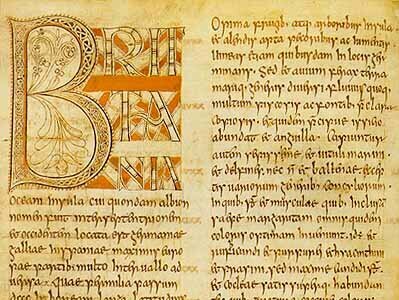 A page of manuscript text with an illuminated initial, taken from Bede's Historia ecclesiastica gentis Anglorum, dated 746 CE.