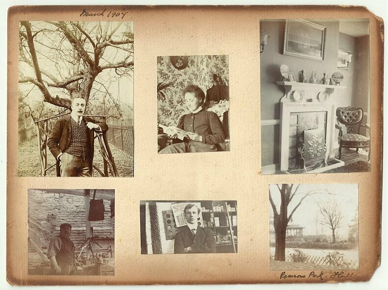 Image of a page of an Edwardian family album, dated 1907, from the Hook family, possibly of Hull. It shows six images, 4 with people, one of a park and one of a home interior.