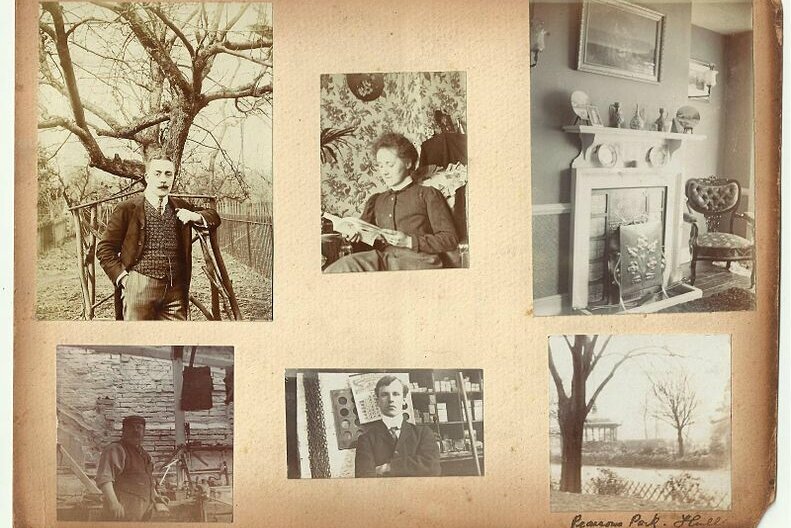 Image of a page of an Edwardian family album, dated 1907, from the Hook family, possibly of Hull. It shows six images, 4 with people, one of a park and one of a home interior.