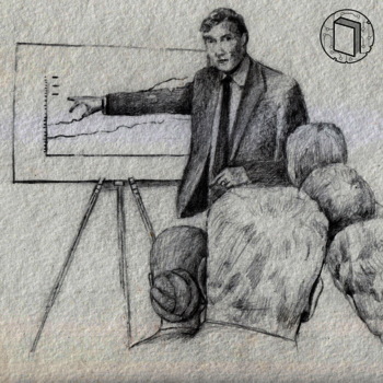 Sketch of John Moore pointing at a board showing statistical information while giving a talk in front of a an audience