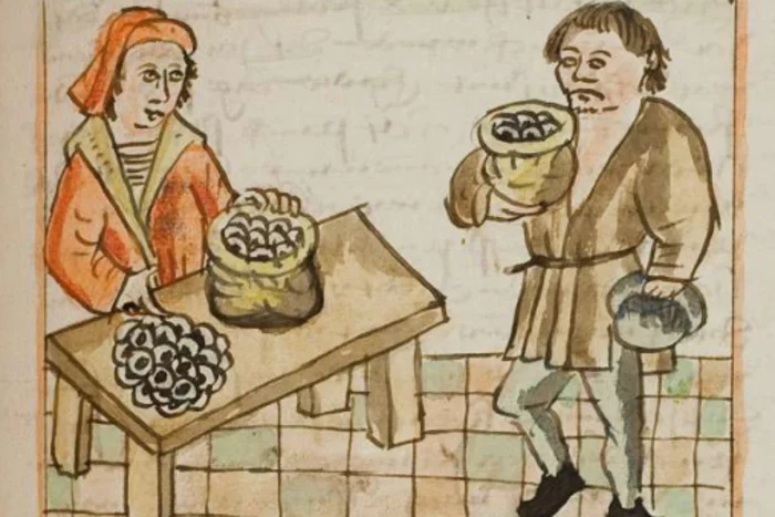 Illustration of a money exchanger behind a table with a pile and sack of coins being approached by a customer holding a sack of coins.