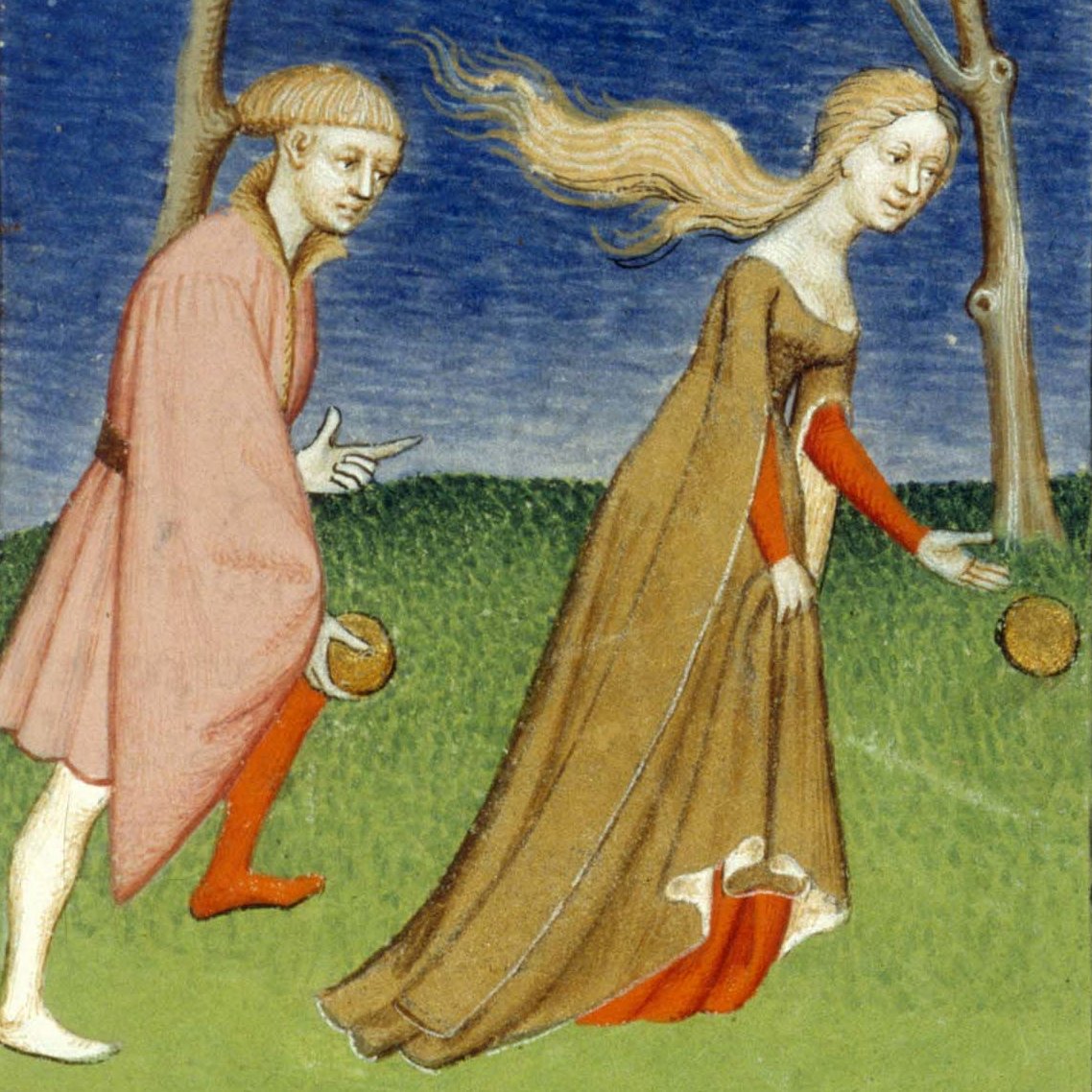 Hippomenes and Atalante Miniature of Hippomenes racing against Atalante in 'L'Épître Othéa'. Hippomenes, to the left, holding a golden apple, races against Atalante who stoops to pick up one of the golden apples.