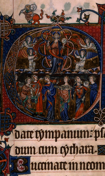 Manuscript illumination from the Gorleston Psalter. Within the initial E, it shows Christ worshipped by angels, above a band of musicians (instruments from left: unidentified instrument, harp, singer, rebec, citole, psaltery, tambourine or drum).