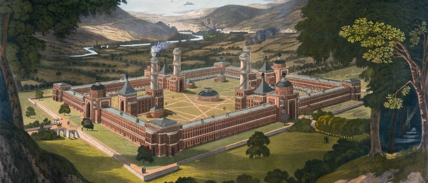 A bird's eye view of a community in New Harmony, Indiana, United States, as proposed by Robert Owen.