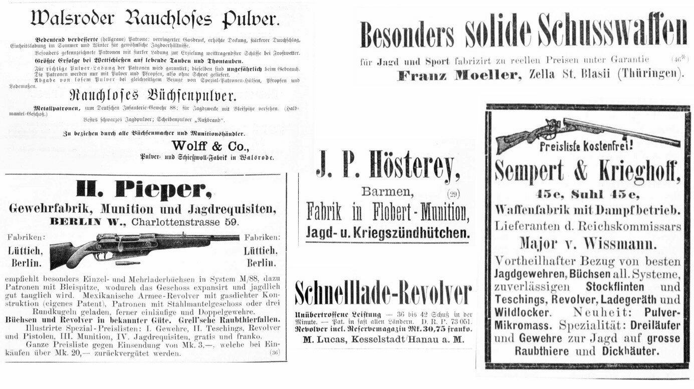 Collage of advertisements for firearms, taken from:  Deutsches Kolonialblatt 6 (1895) und 7 (1896)