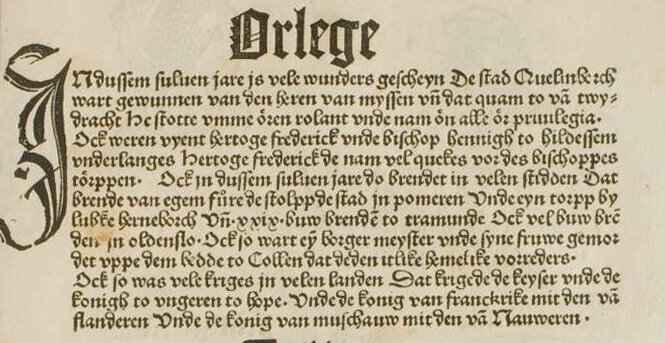 Detail of Conrad Bote’s Cronecken der Sassen (1492), discussing the Roland statue of Quedlinburg, which was deliberaretly destroyed after an unsuccessful revolt of the town against its ruler in 1477