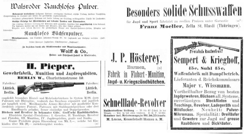 Collage of advertisements for firearms, taken from:  Deutsches Kolonialblatt 6 (1895) und 7 (1896)