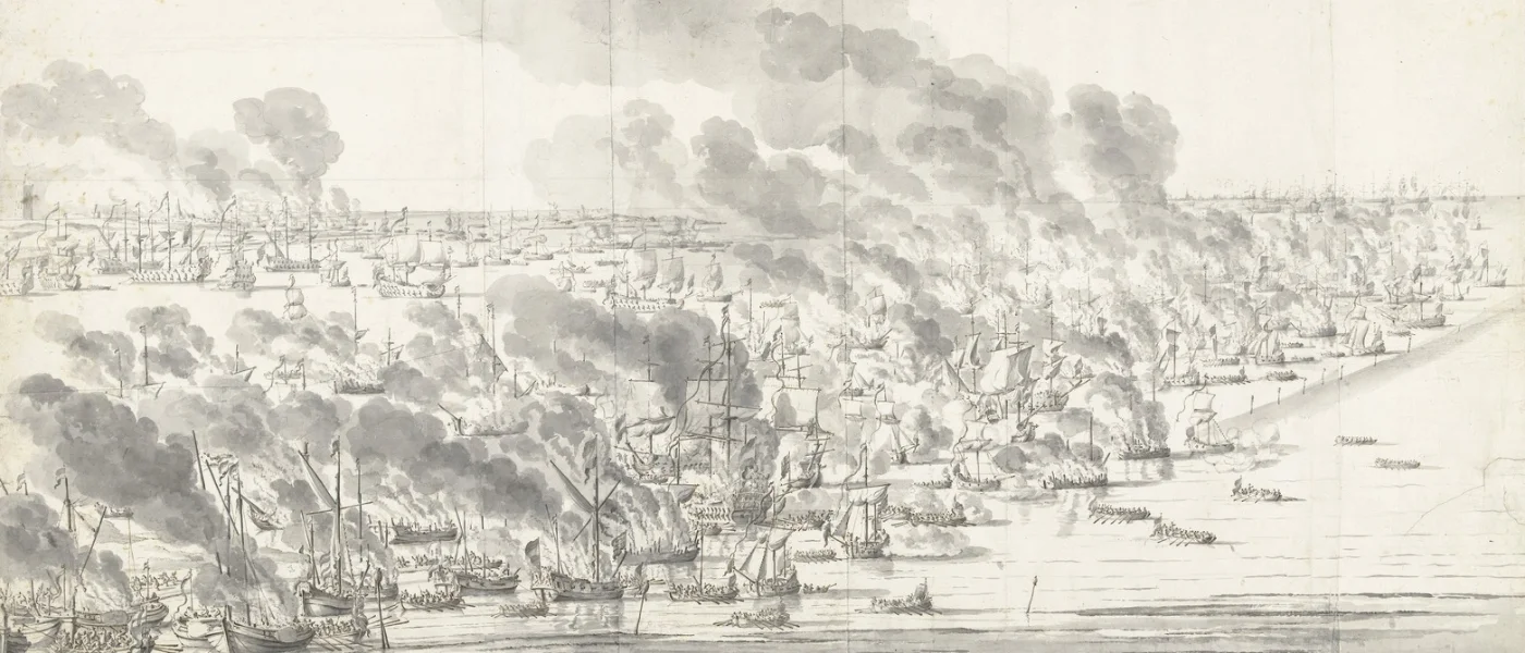Robert Holmes sets fire to the Dutch fleet at Terschelling, 19 August, by Willem van de Velde