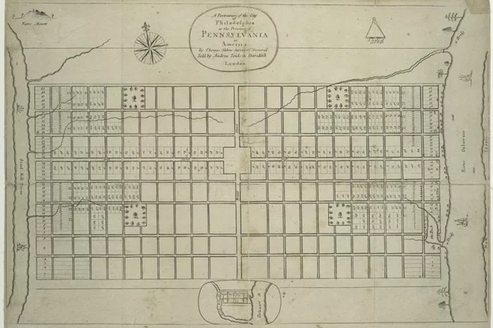 A portraiture of the city of Philadelphia in the province of Pennsylvania in America, showing the gridline plan for the city (1683).