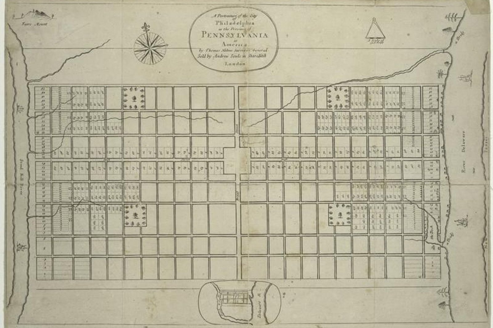 A portraiture of the city of Philadelphia in the province of Pennsylvania in America, showing the gridline plan for the city (1683)
