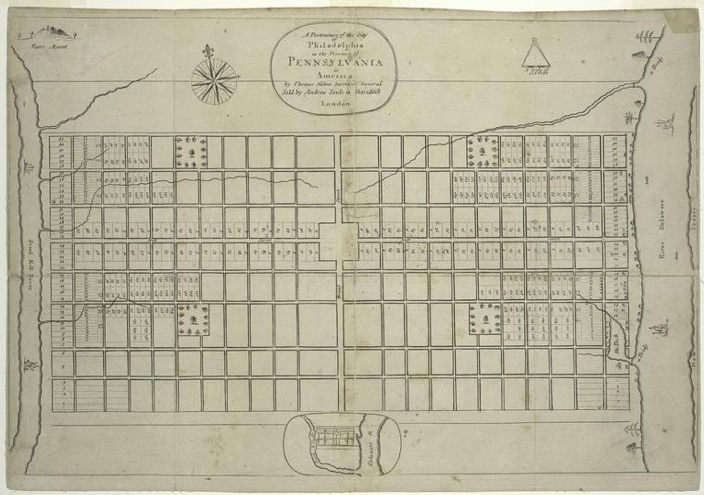 A portraiture of the city of Philadelphia in the province of Pennsylvania in America, showing the gridline plan for the city (1683)