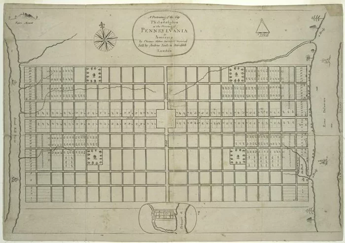 A portraiture of the city of Philadelphia in the province of Pennsylvania in America, showing the gridline plan for the city (1683).