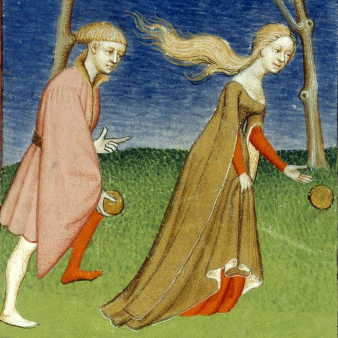Hippomenes and Atalante Miniature of Hippomenes racing against Atalante in 'L'Épître Othéa'. Hippomenes, to the left, holding a golden apple, races against Atalante who stoops to pick up one of the golden apples.