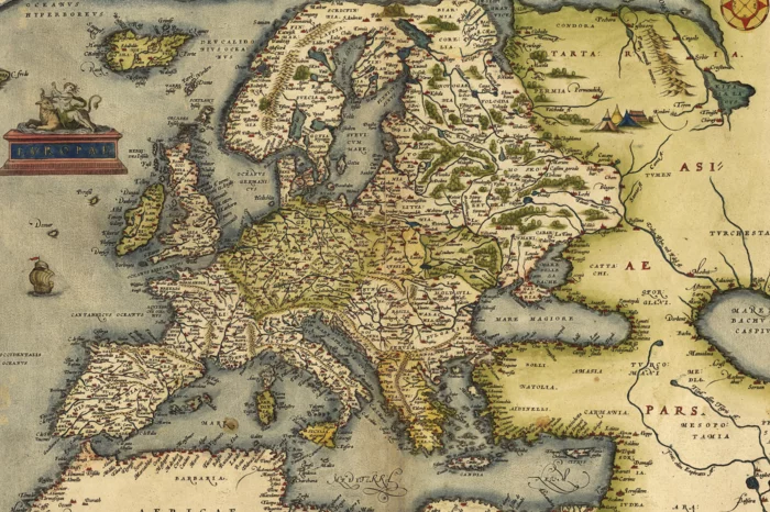 Early printed and coloured map of Europe.