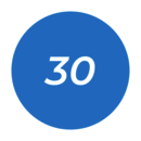 A white number 30, set on a blue disc.