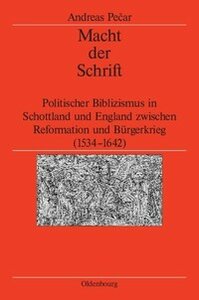 Book cover for Andreas Pečar "Macht der Schrift". Excerpt from the frontispiece of the 1539 Great Bible, showing the King, seated on his throne, giving books with "Verbum Dei" on the cover to clergy and nobles. The book cover is red, with text in white.