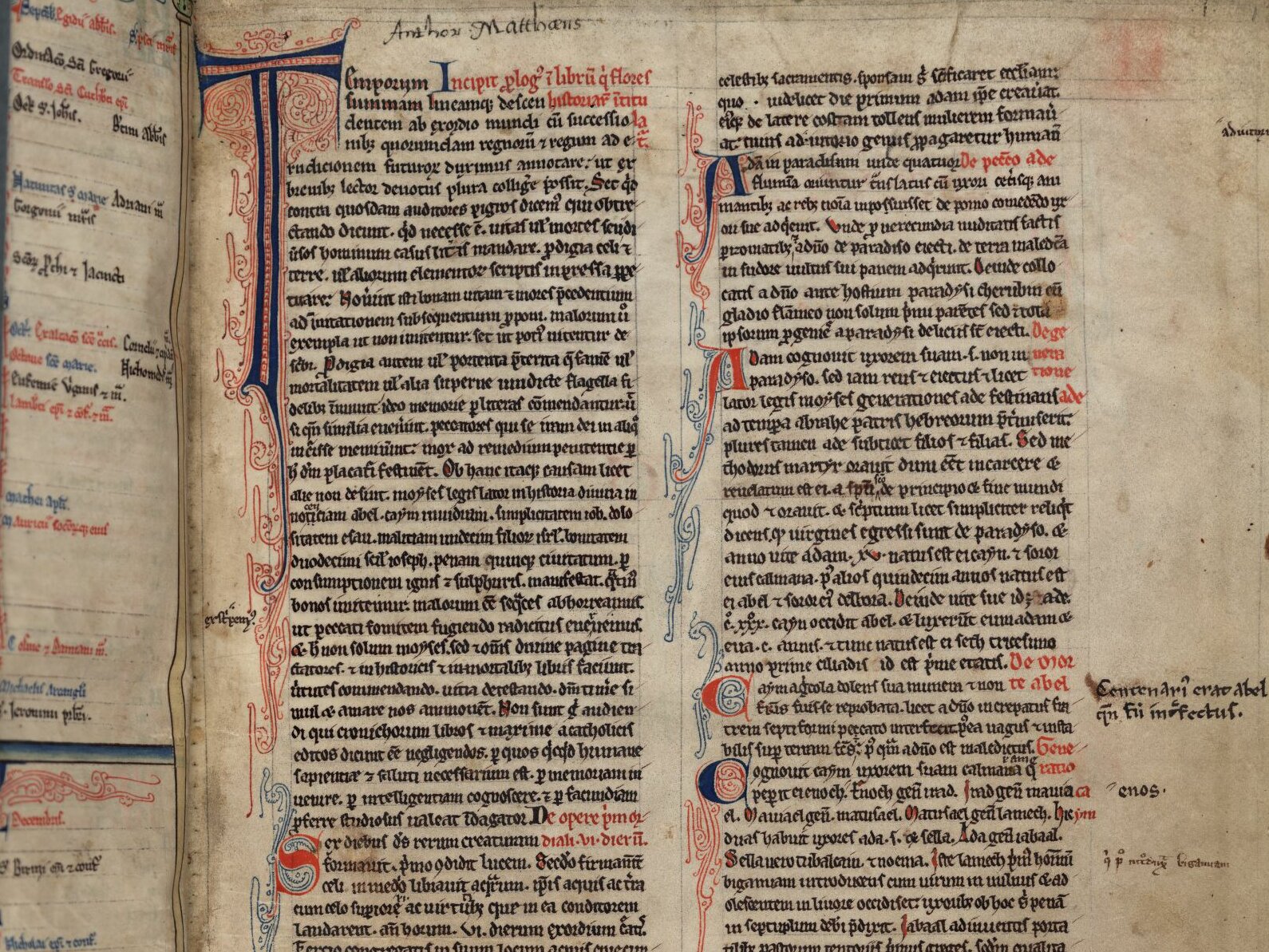 Folio 1r of Matthew Paris, Chronica Maiora (Corpus Christi College, Cambridge, MS 61). The image shows a manuscript page. The text is written in black, with decorative initials in black or red, embellished with pale blue.