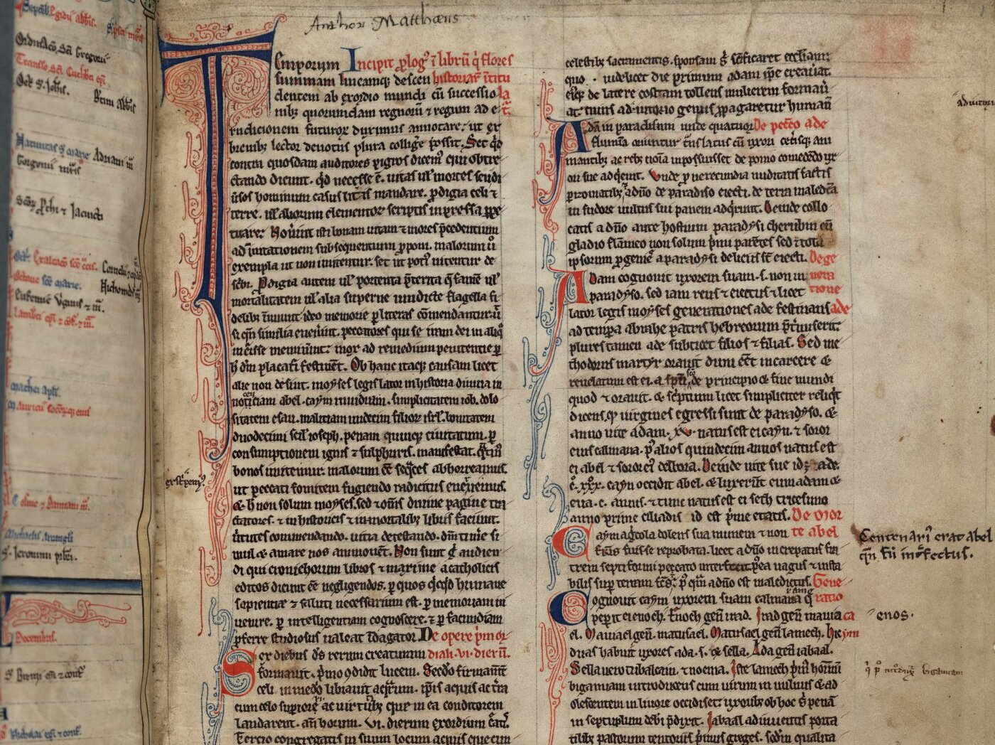 Folio 1r of Matthew Paris, Chronica Maiora (Corpus Christi College, Cambridge, MS 61). The image shows a manuscript page. The text is written in black, with decorative initials in black or red, embellished with pale blue.