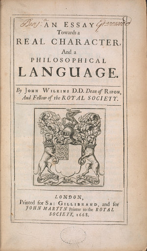 Title page of: John Wilkins. An essay towards a real character, and a philosophical language (London, 1668). (British Library, W7786)