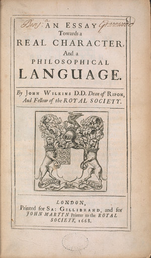 Wilkins Title page of: John Wilkins. An essay towards a real character, and a philosophical language (London, 1668). (British Library, W7786)